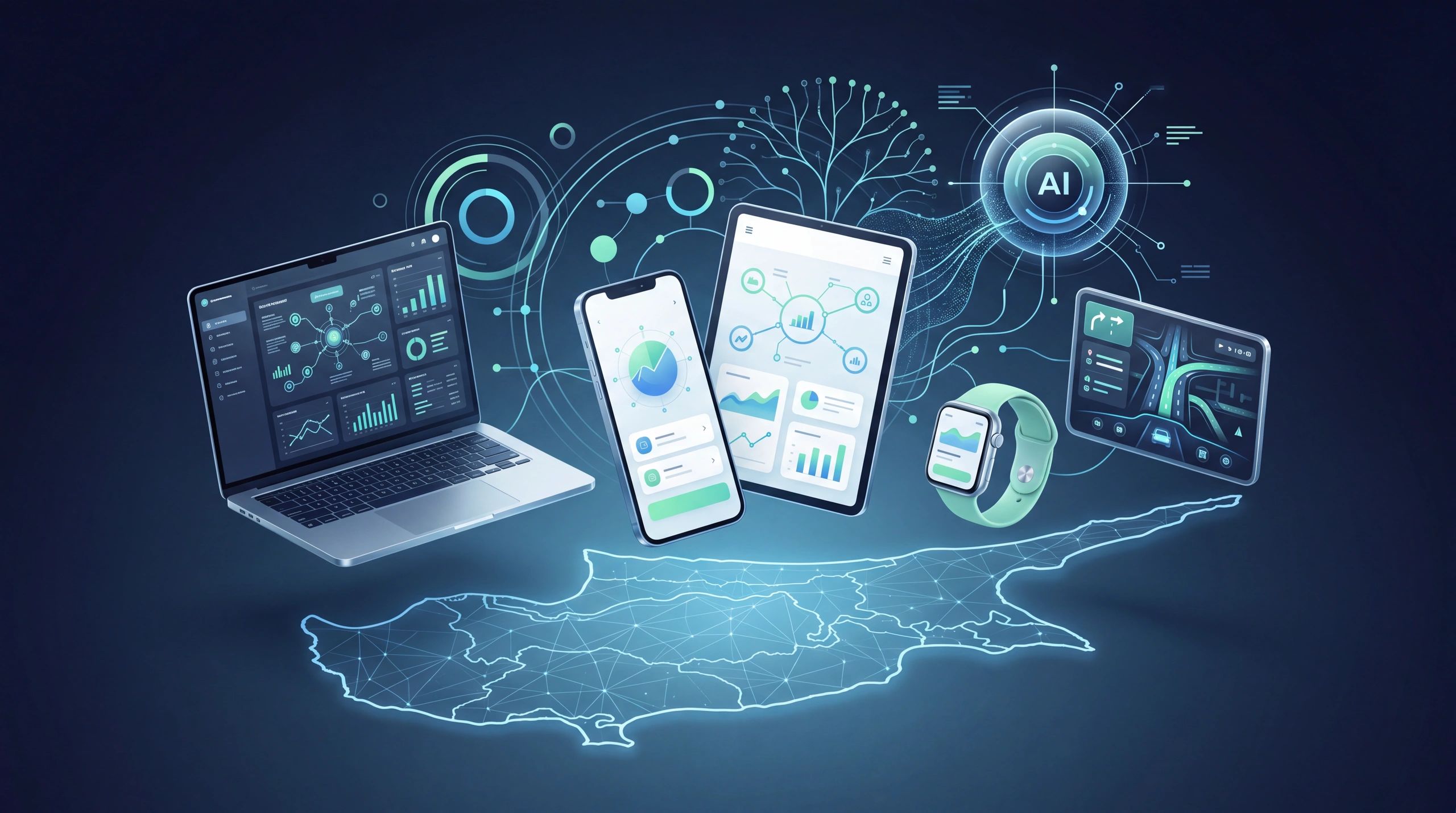 Digital devices connected by AI data networks over a glowing map.