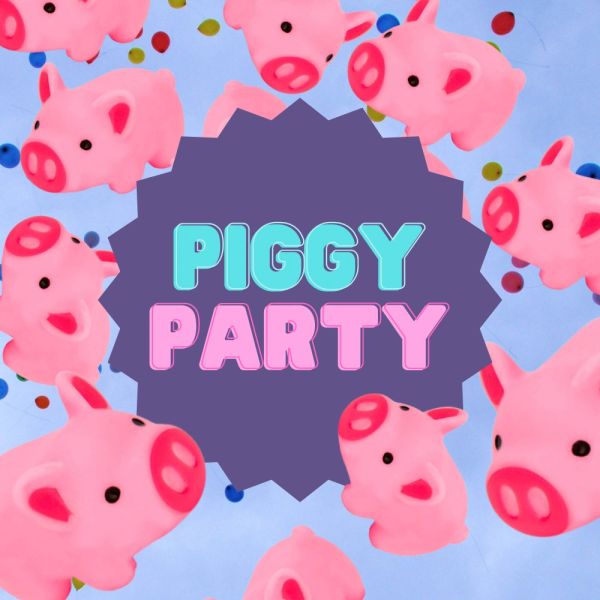 Colorful piggy banks surround the words 'Piggy Party' on a blue background.