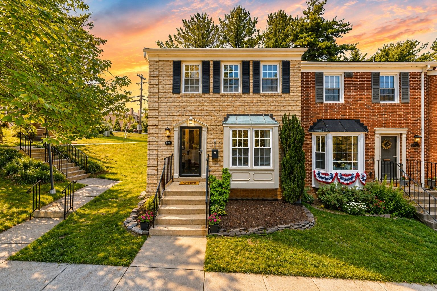 Brick End Unit Colonial Townhouse in the evening.