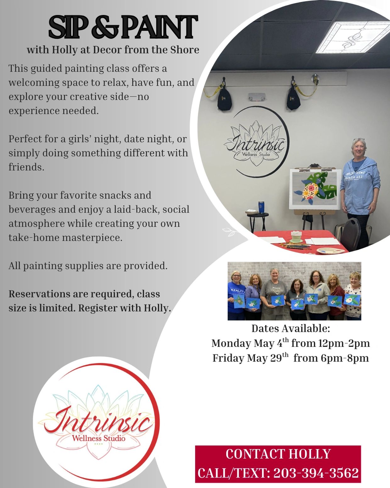 Sip &amp; Paint class with Holly, no experience needed, snacks allowed, and all supplies provided.