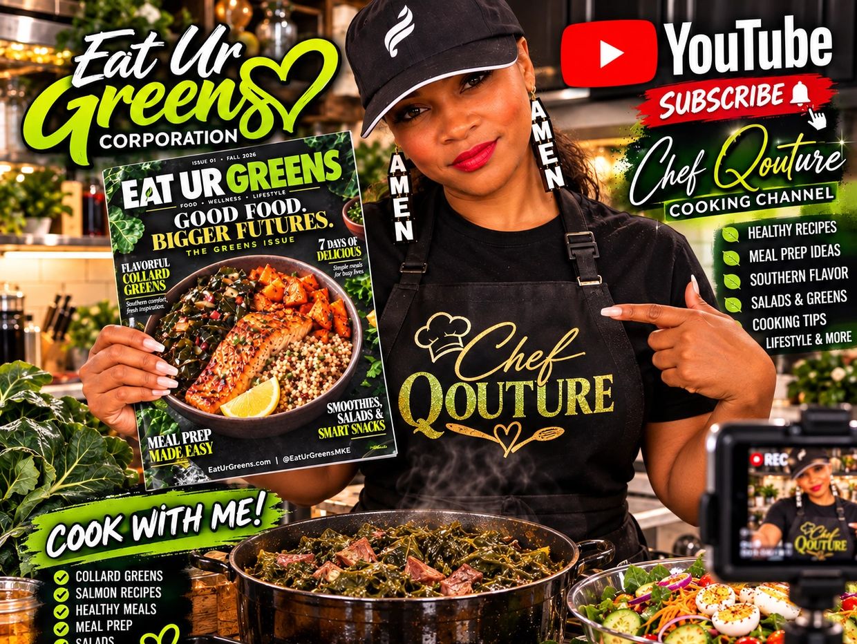 Chef Qouture cooking collard greens and salmon recipes for YouTube.