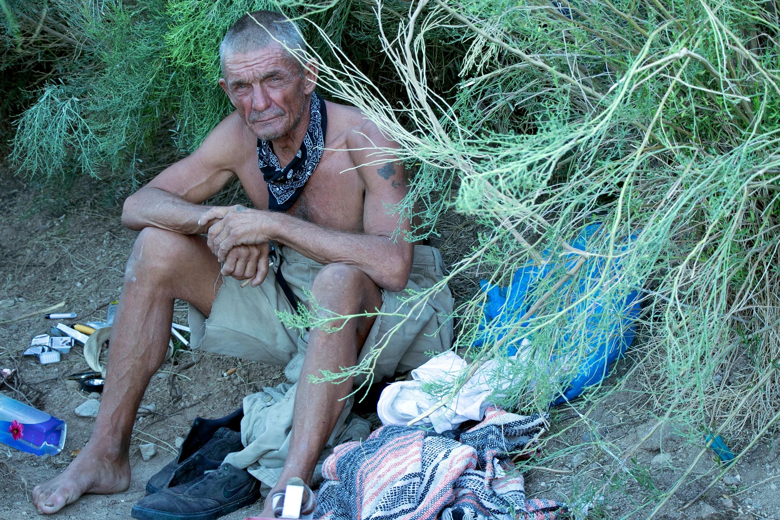 Elderly homeless man waits out the mid-day desert sun in the shade of an offramp landscaping bush.