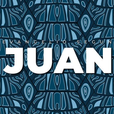 Bold white text 'JUAN' over intricate blue geometric patterned background.