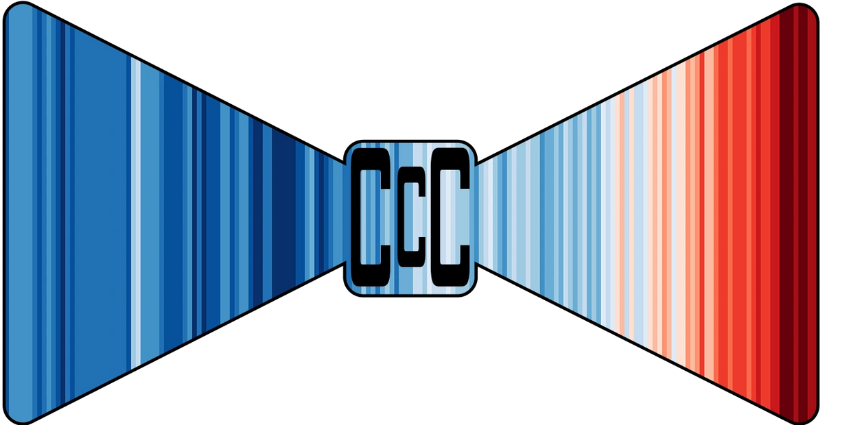 Logo of a bow tie in the pattern of the global temperature stripes with three C's in the middle.