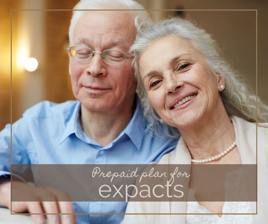 two elderly people together in a calm state, with text that says prepaid plan for expacts