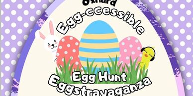 Easter egg hunt event graphic with bunny and chick.