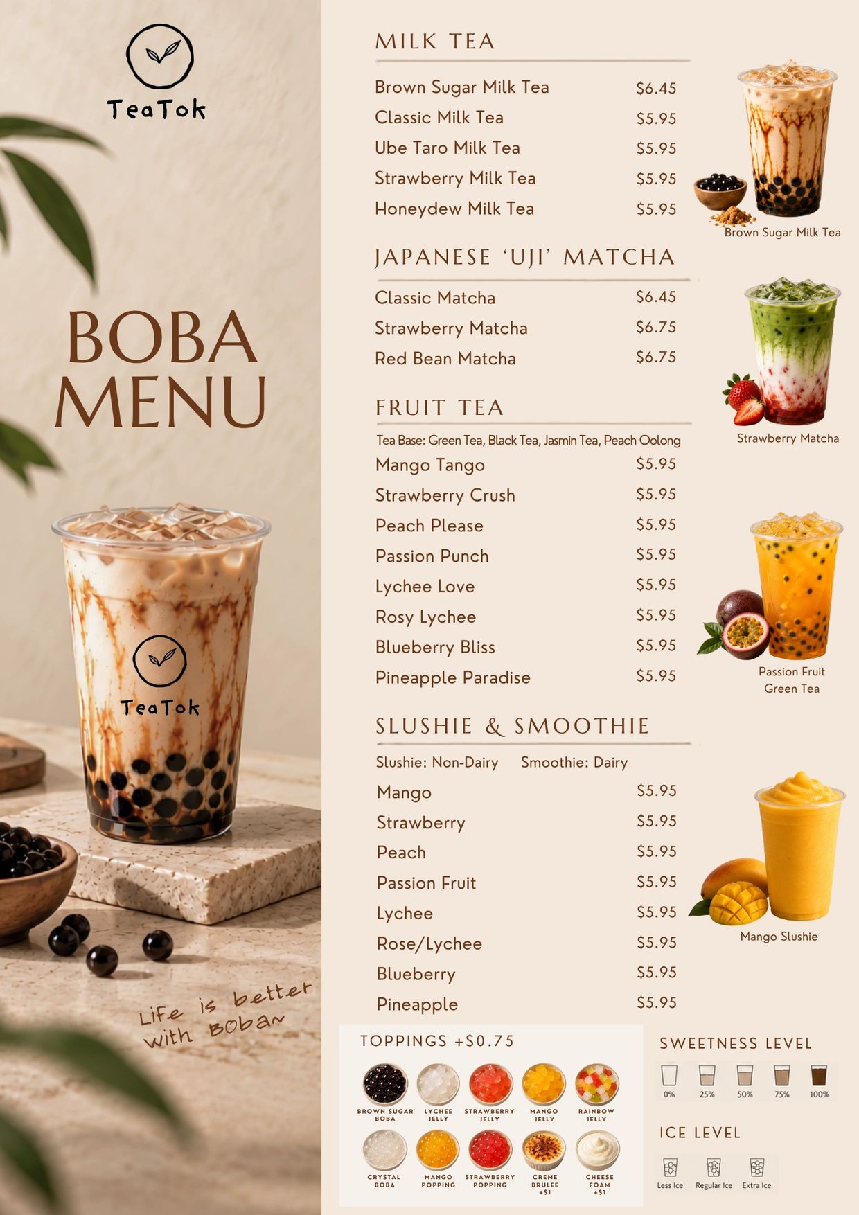 Boba menu featuring milk tea, matcha, fruit tea, and smoothies with toppings and customization options.