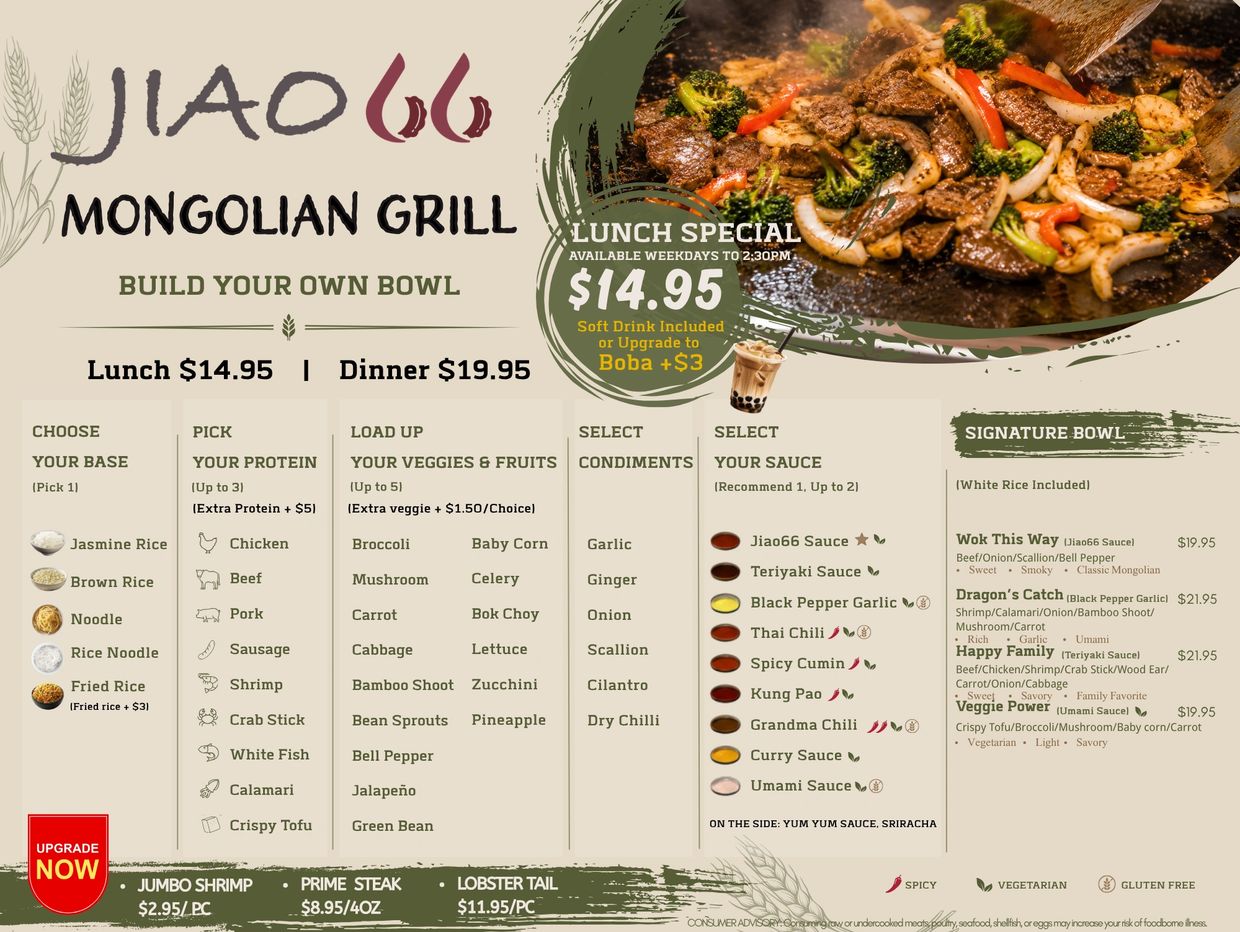 Jiao66 Mongolian Grill menu with customizable bowls and lunch specials.