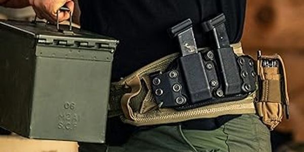 battle belt with pistol magazines and military ammo can