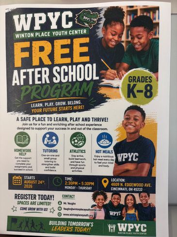 Poster for free after school program at WPYC for grades K-8.