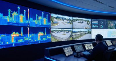 Operator monitors industrial thermal and security surveillance on multiple screens.