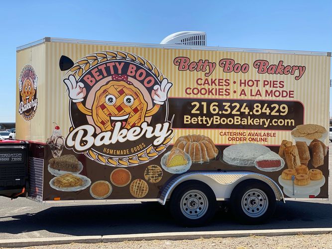 Betty Boo Bakery Food truck with logo and images of bakery products