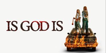 Two people standing on a burning car with text 'IS GOD IS'.