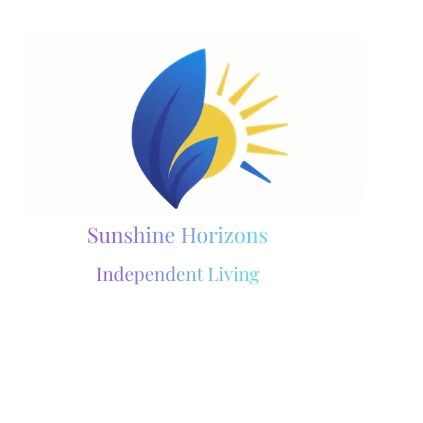 Logo featuring a sun and blue leaves with text Sunshine Horizons Independent Living.