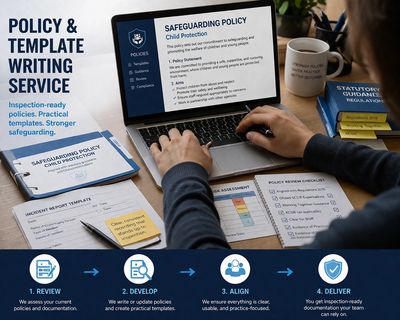 Person working on safeguarding policy templates on a laptop with printed documents and books nearby.