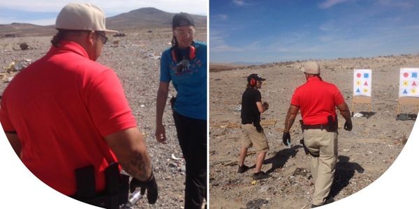 Two men at a shooting range outdoors with target boards and safety gear.