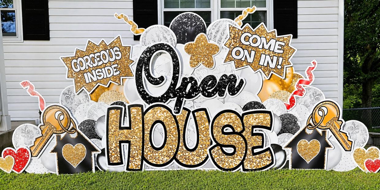 Colorful open house yard sign with balloons and welcome messages.