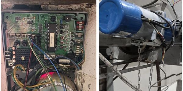 Close-up of electronic circuitry and industrial motor components with wiring.