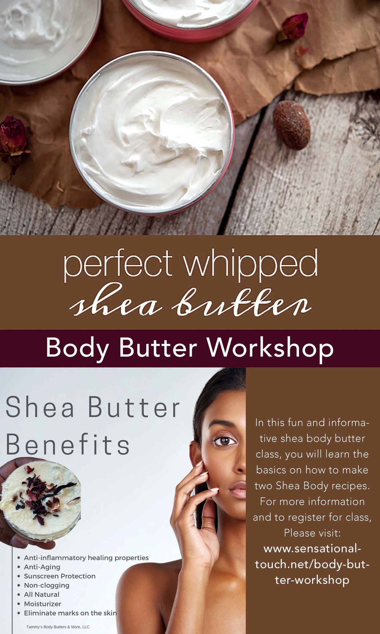 Whipped shea butter body butter workshop with skin benefits and recipes.