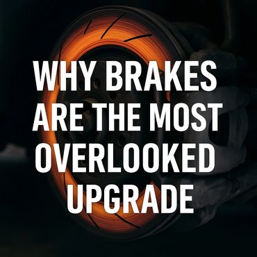 Close-up of a glowing brake disc with the text about brake upgrades.