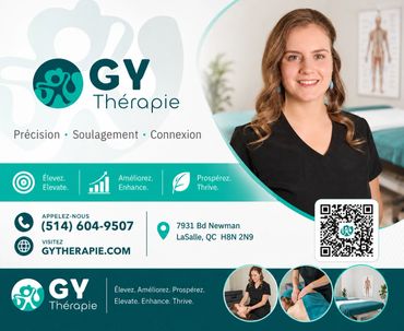 Advertisement for GY Thérapie featuring a smiling therapist and contact details.