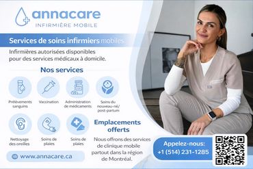 Annonce pour Annacare, services infirmiers mobiles à domicile à Montréal.