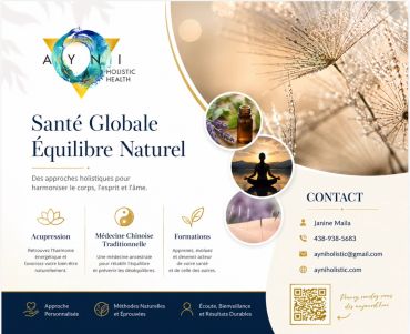 Flyer pour AYNI Holistic Health avec contact et services holistiques.