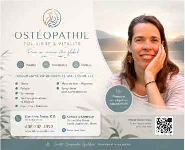 Publicité pour des services d'ostéopathie avec photo d'une femme souriante.