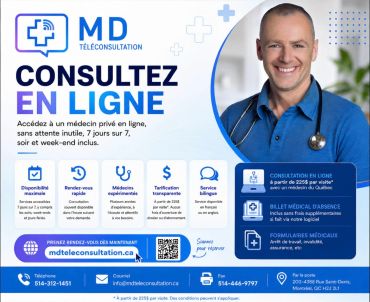 Annonce de téléconsultation médicale en ligne avec un médecin privé.