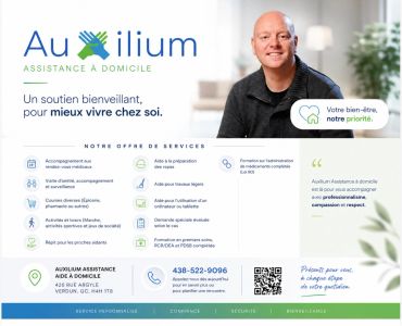 Annonce pour Auxilium, service d'aide à domicile bienveillant.