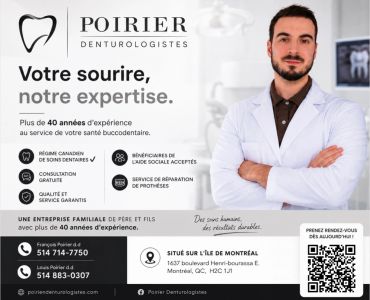 Publicité pour Poirier Denturologistes avec un expert souriant.