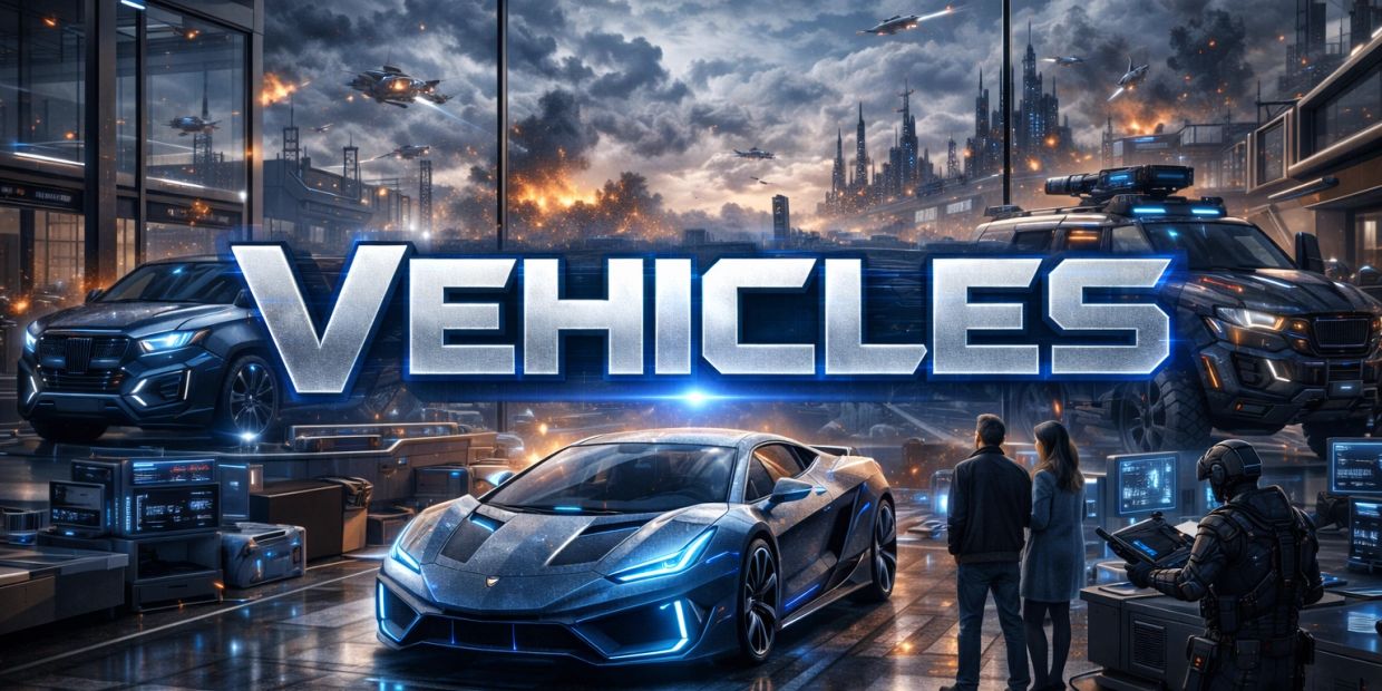Futuristic vehicles with a city background and large 'VEHICLES' text.