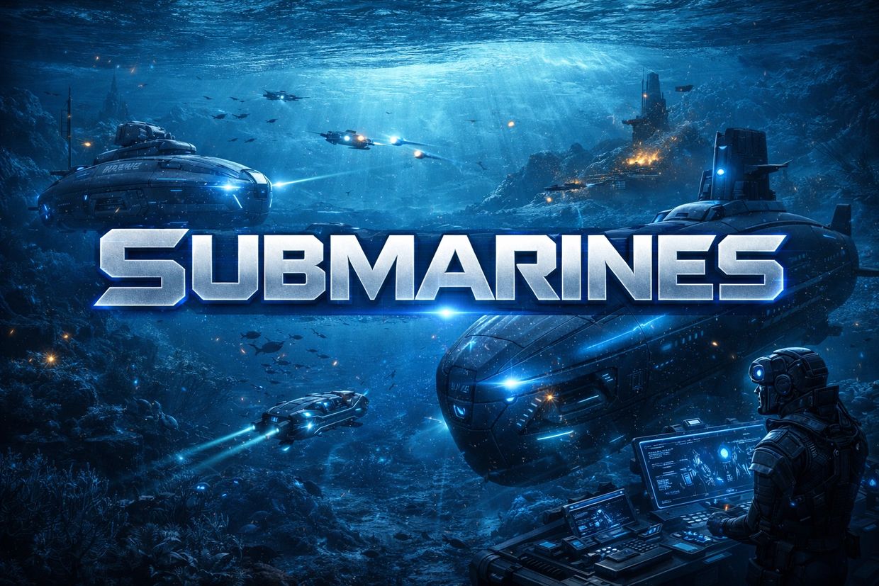 Futuristic submarines in an underwater battle scene.