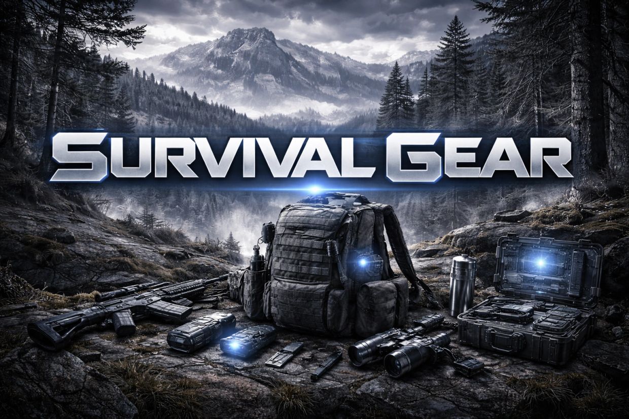 Survival gear displayed against a mountainous backdrop.