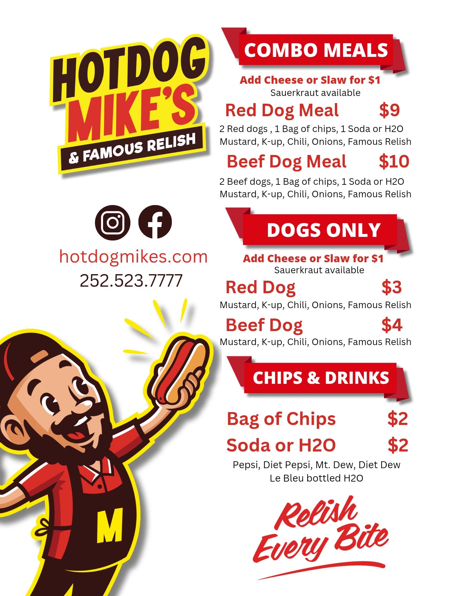 Hot Dog Mike's menu featuring combo meals, hot dogs, chips, and drinks with prices.