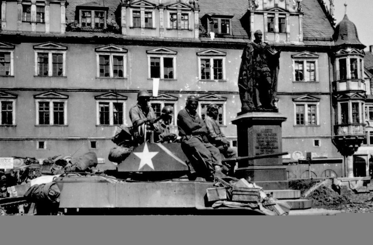 Soldiers of the 761st Tank Battalion in Coburg, Germany, during World War II, April 25, 1945.