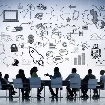 Business team discussing innovative ideas and strategies in a meeting room.