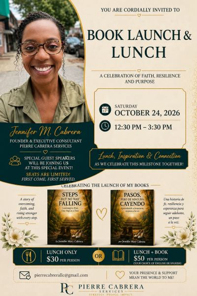 Invitation to Jennifer M. Cabrera's book launch and lunch event on October 24, 2026.