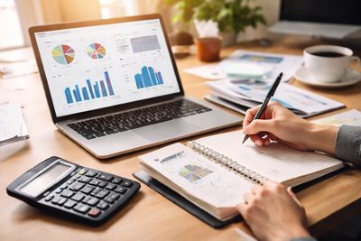 Laptop with financial graphs, calculator, and hand writing in a notebook.
