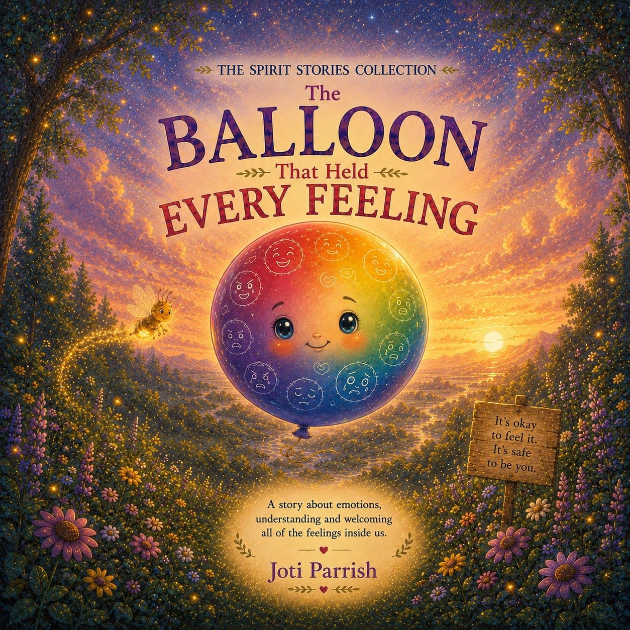 Colorful balloon with emotions in a magical sunset forest.