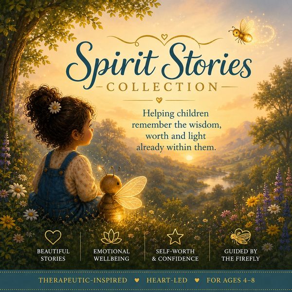 Illustration promoting Spirit Stories Collection for kids, featuring a girl and a firefly.