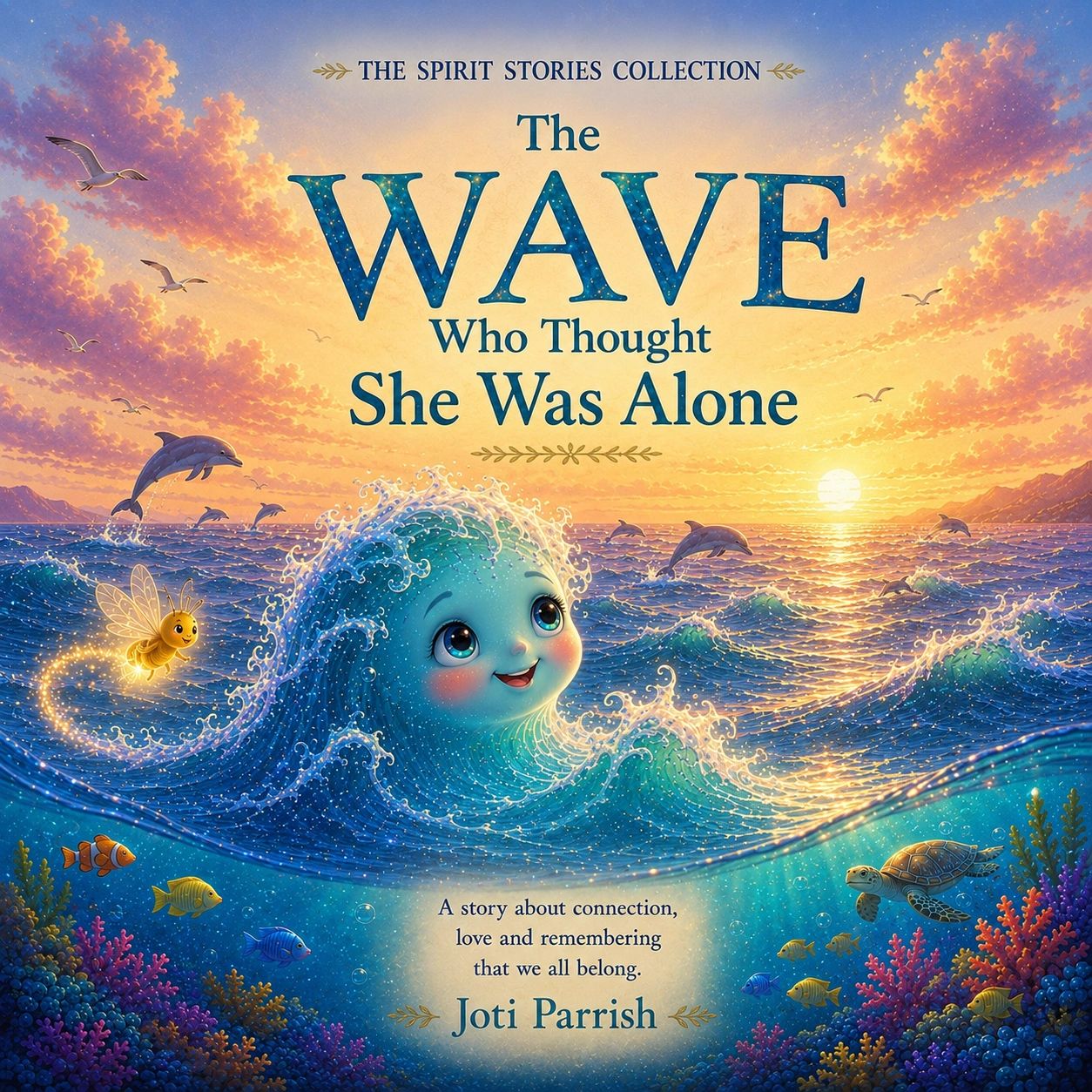 Whimsical book cover of a wave with a face, surrounded by sea creatures at sunset.