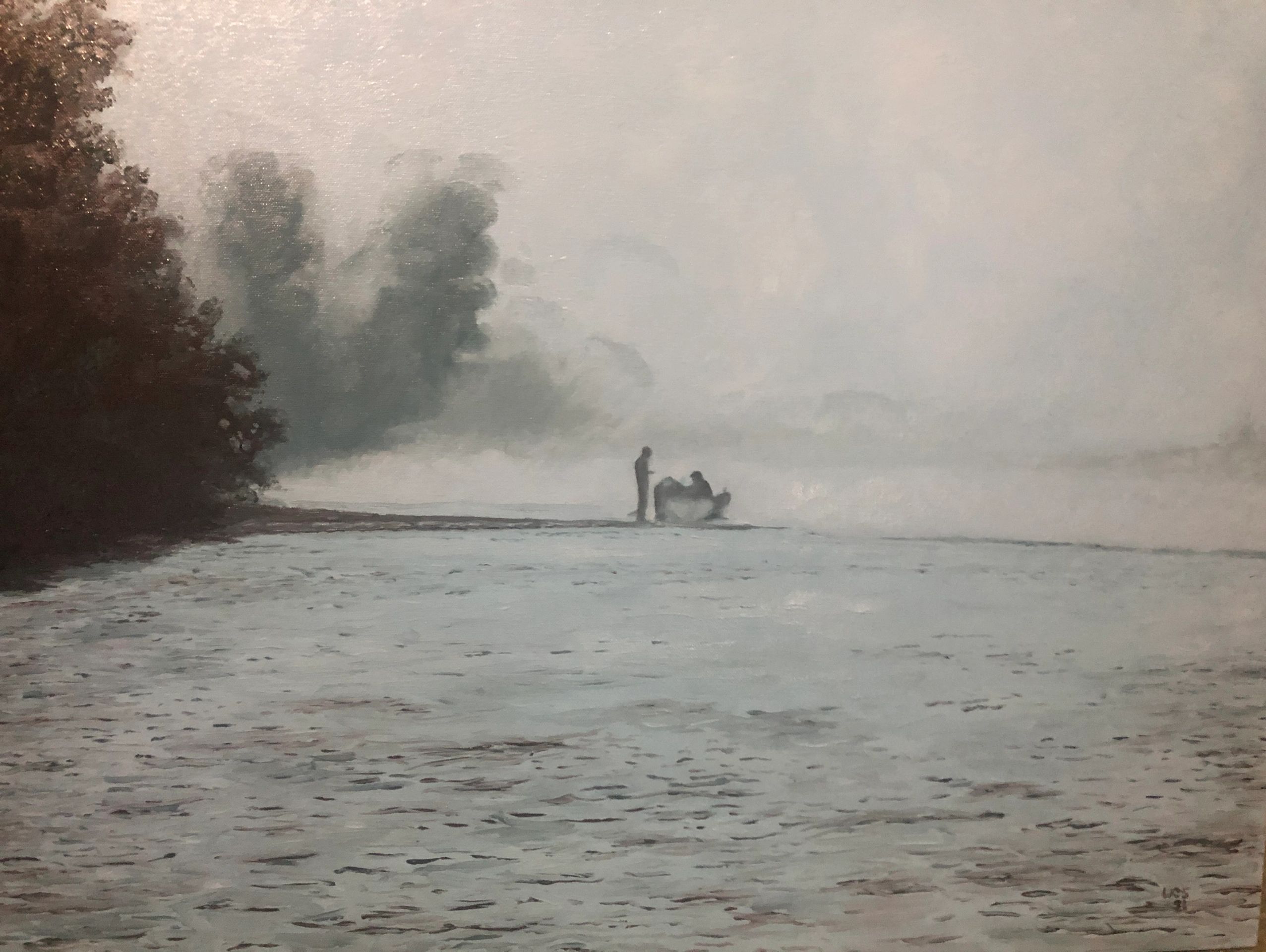 an oil painting of foggy morning on the rogue river guide and angler rigging up to float  fly fish