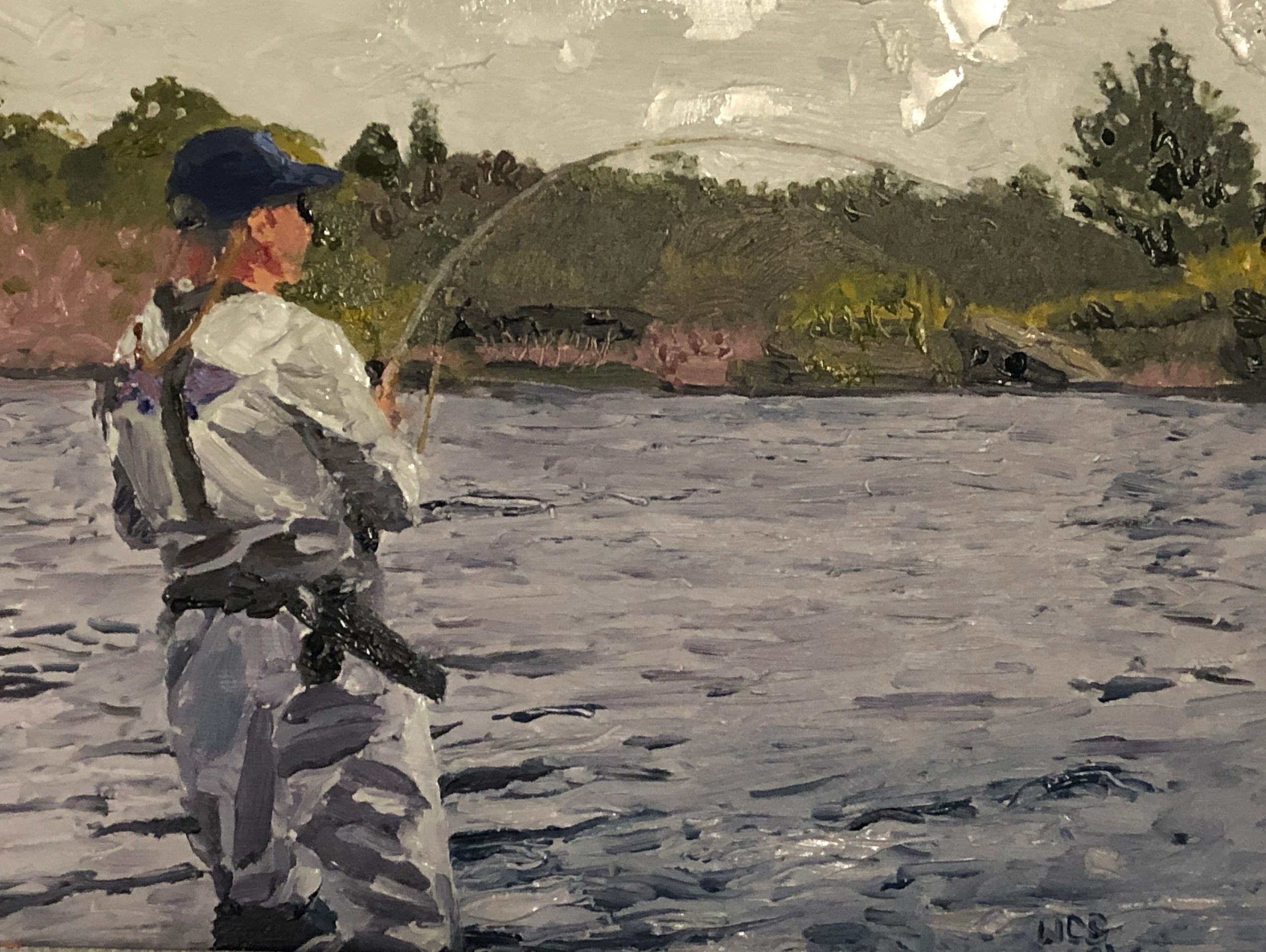 oil painting of a fly fisherman fighting a steelhead trout