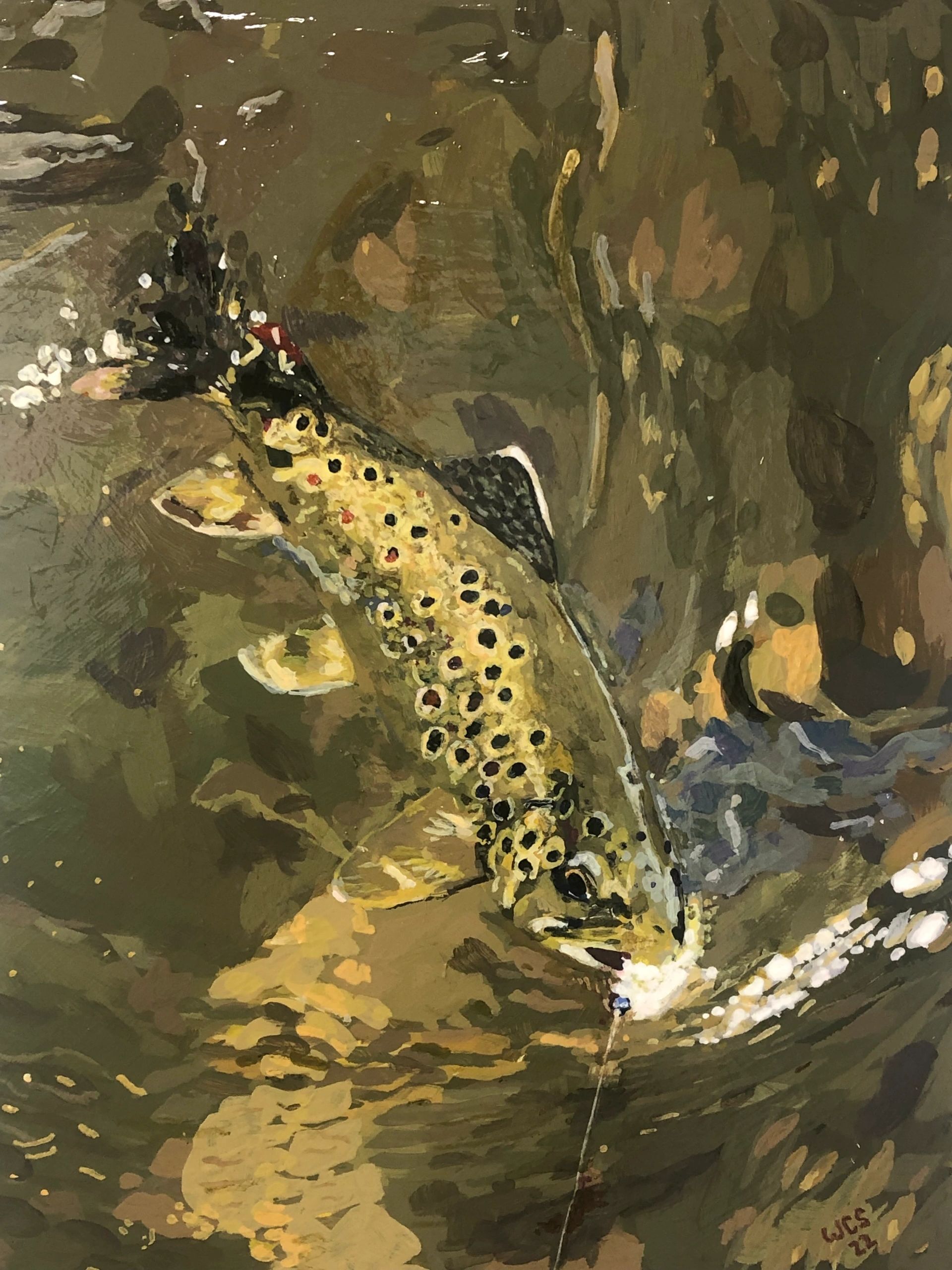 acrylic painting of a brown trout in a stream 