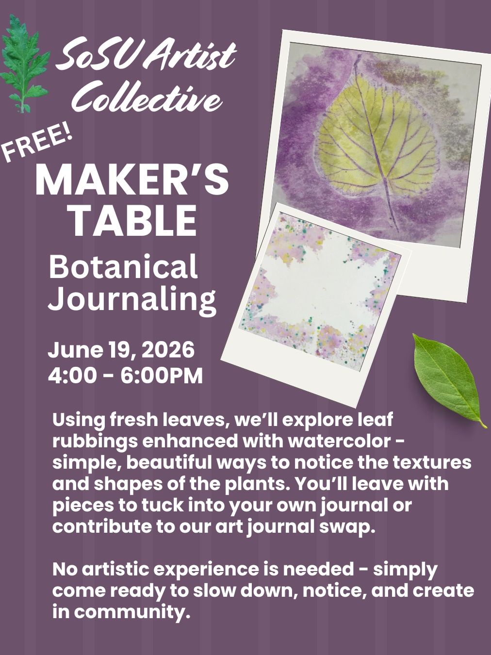 Free Botanical Journaling workshop by SoSU Artist Collective on June 19, 2026.