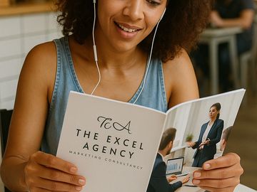 A woman reading a marketing consultancy brochure with earphones in a cafe.