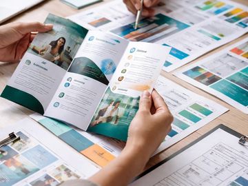 People analyzing brochures and charts on a desk during a meeting.