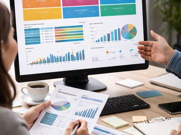 Two colleagues analyzing a marketing audit report with charts and graphs.