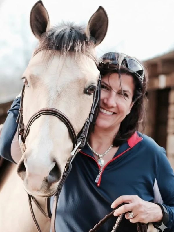 Lisa, co-founder smiling with Champ.